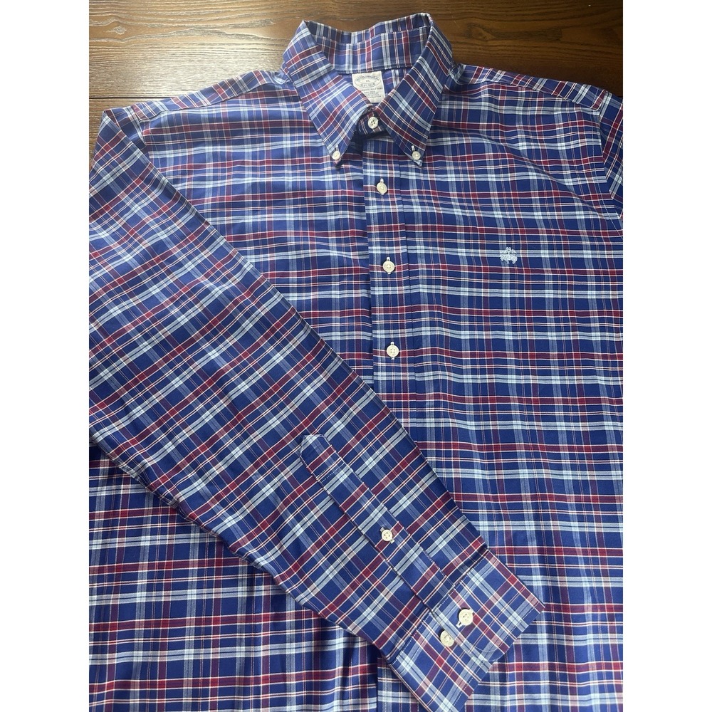Brooks Brothers 1818 Polo Shirt Men's XL Blue Red Plaid Non-Iron Supima Cotton